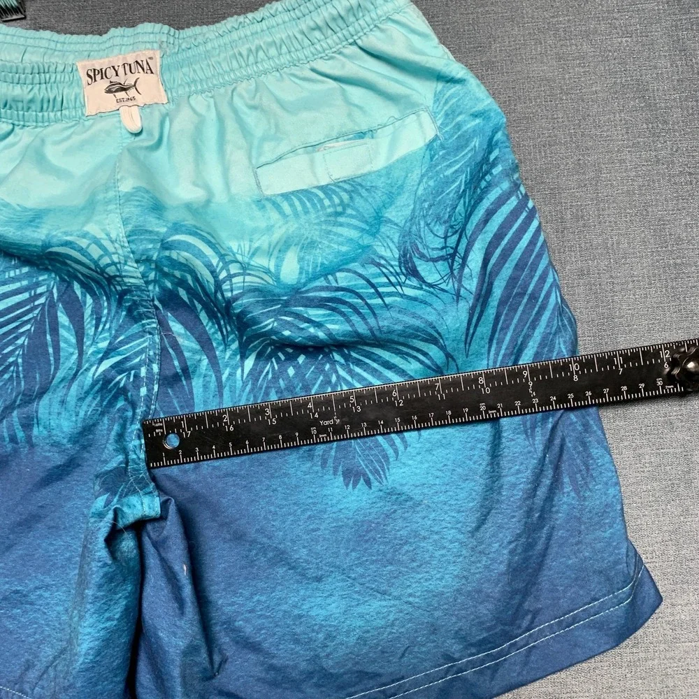 Spicy Tuna Gradient Swim Shorts Mens Medium Blue Tropical Palm Leaf Beach Wear